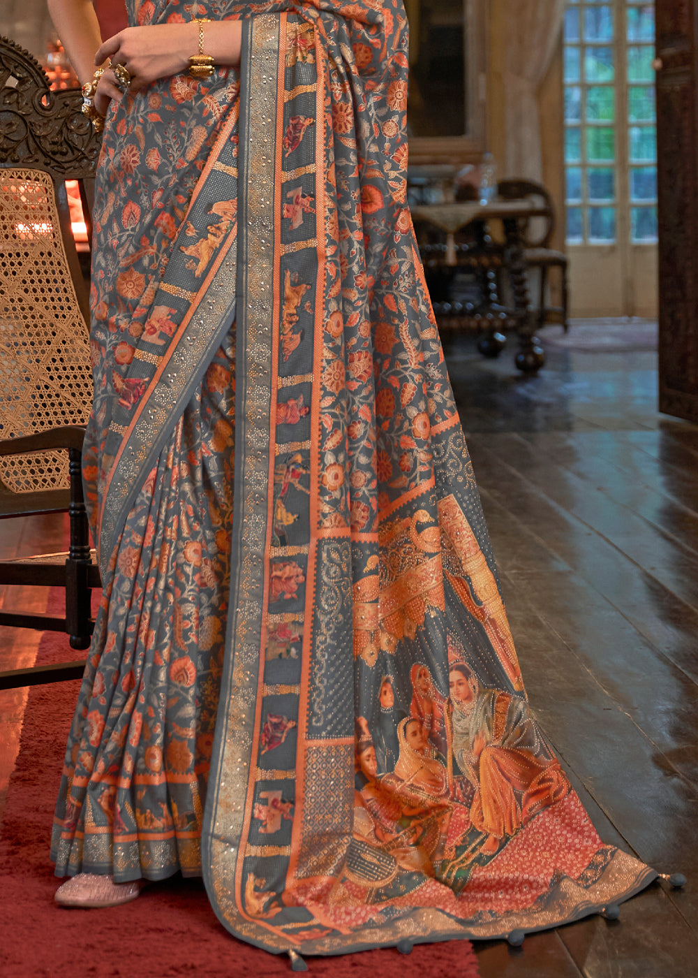 Buy MySilkLove Gravel Grey Woven Digital Printed Patola Saree Online