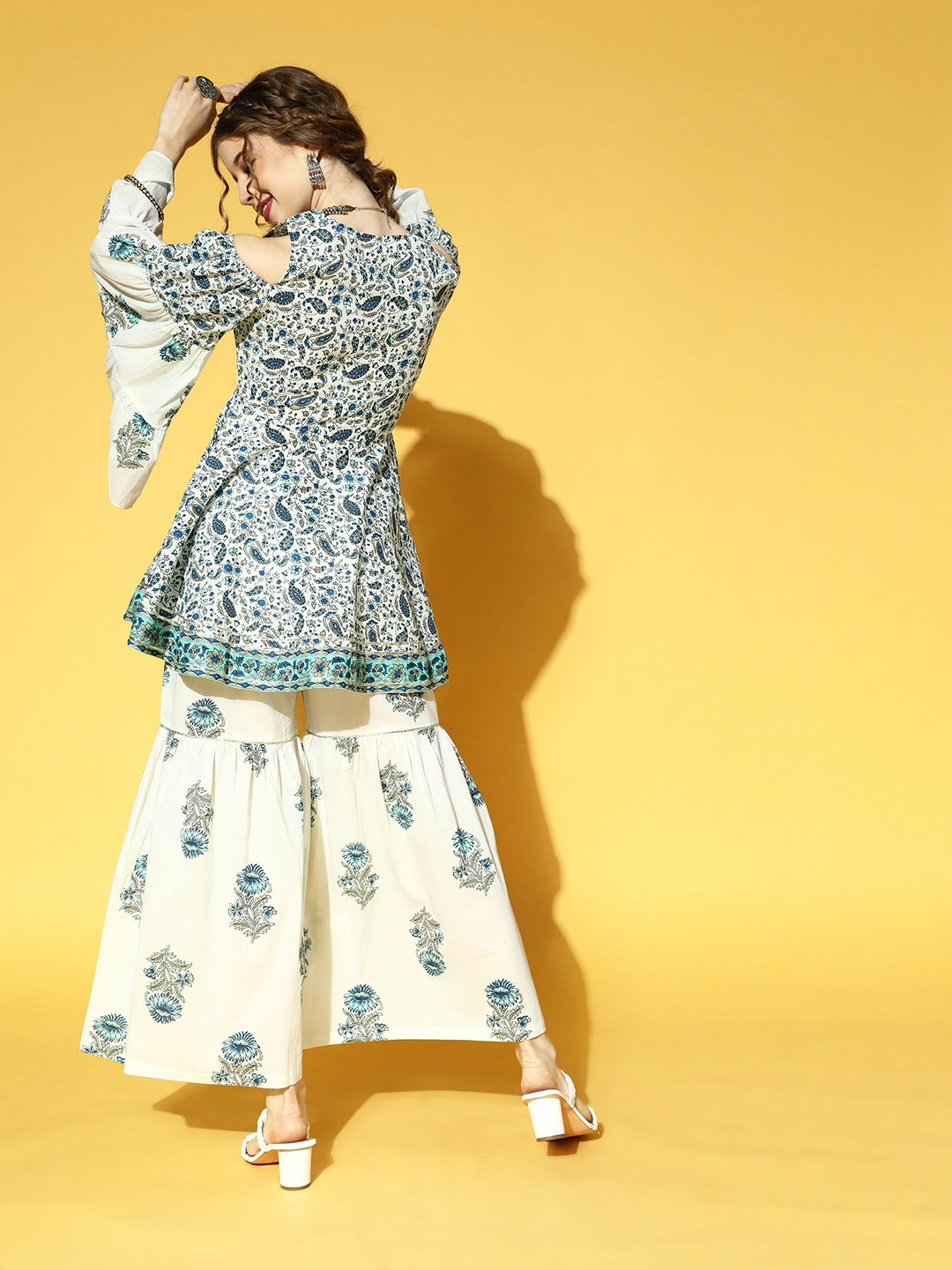 Buy MySilkLove Spring Wood White and Blue Ethnic Printed Dress Online