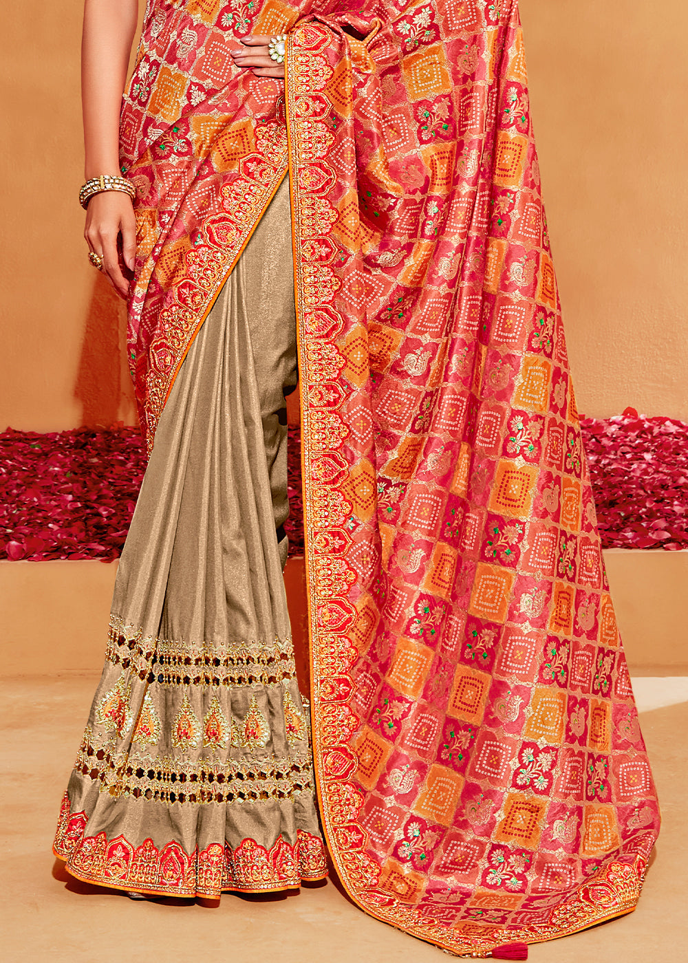 Buy MySilkLove Tumbleweed Brown and Red Embroidered Banarasi Silk Saree Online