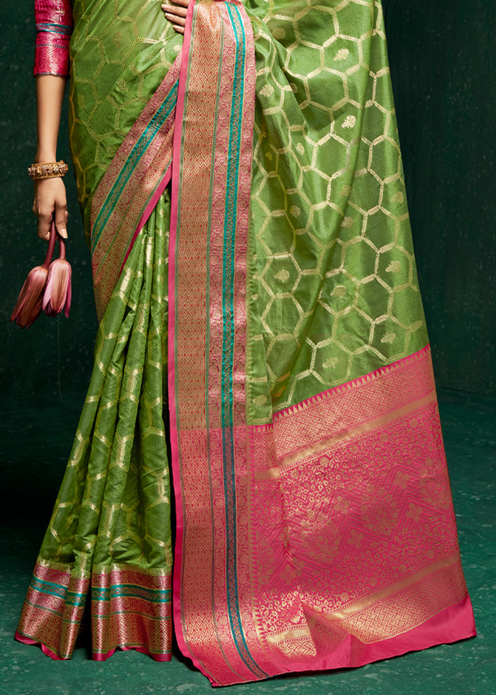 Buy MySilkLove Wild Willow Green Woven Banarasi Silk Saree Online