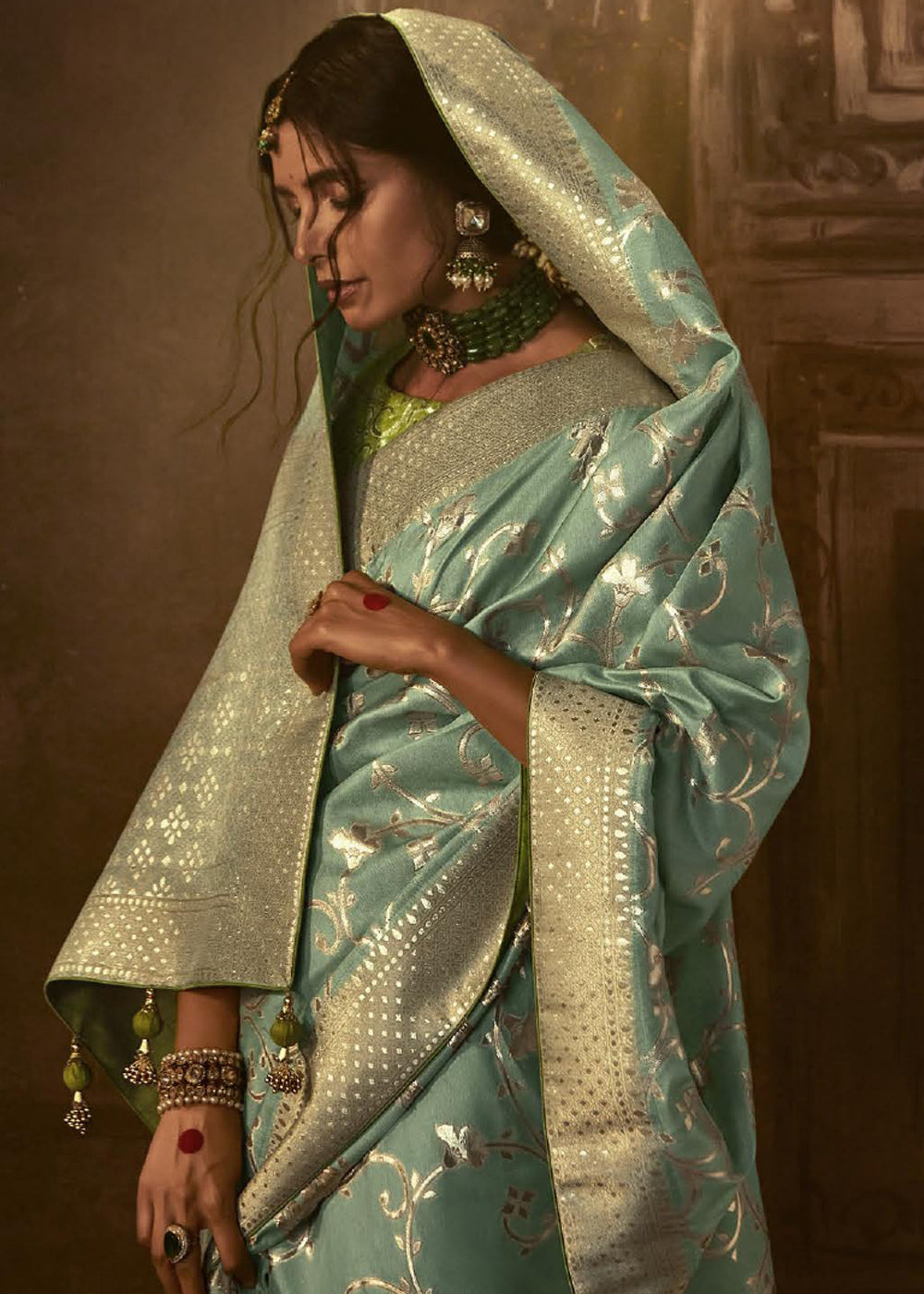 Buy MySilkLove Finch Green Woven Designer Banarasi Silk Saree Online