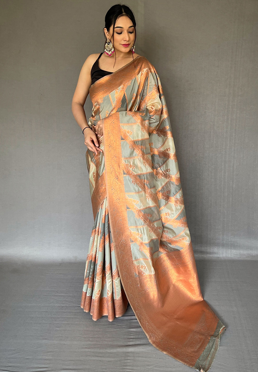 Buy MySilkLove Clay Creek Grey Copper Zari Woven Organza Saree Online