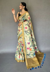 Banana Mania Cream Tissue Printed Kalamkari Silk Saree