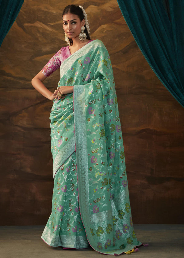 Viridian Green Woven Paithani Banarasi Soft Silk Saree