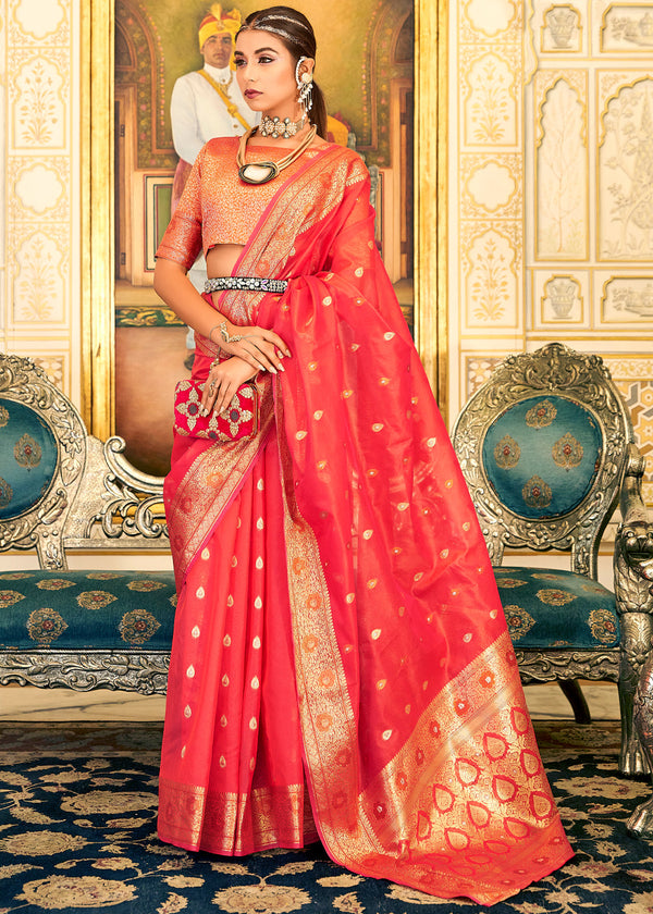 Dimond Red Woven Banarasi Organza Silk Saree