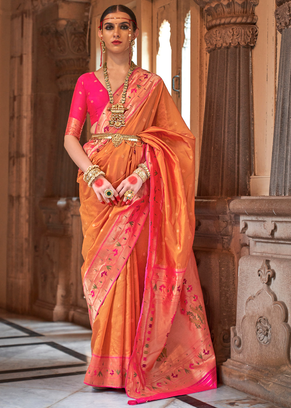 Buy MySilkLove Mandarin Pearl Orange Woven Paithani Silk Saree Online