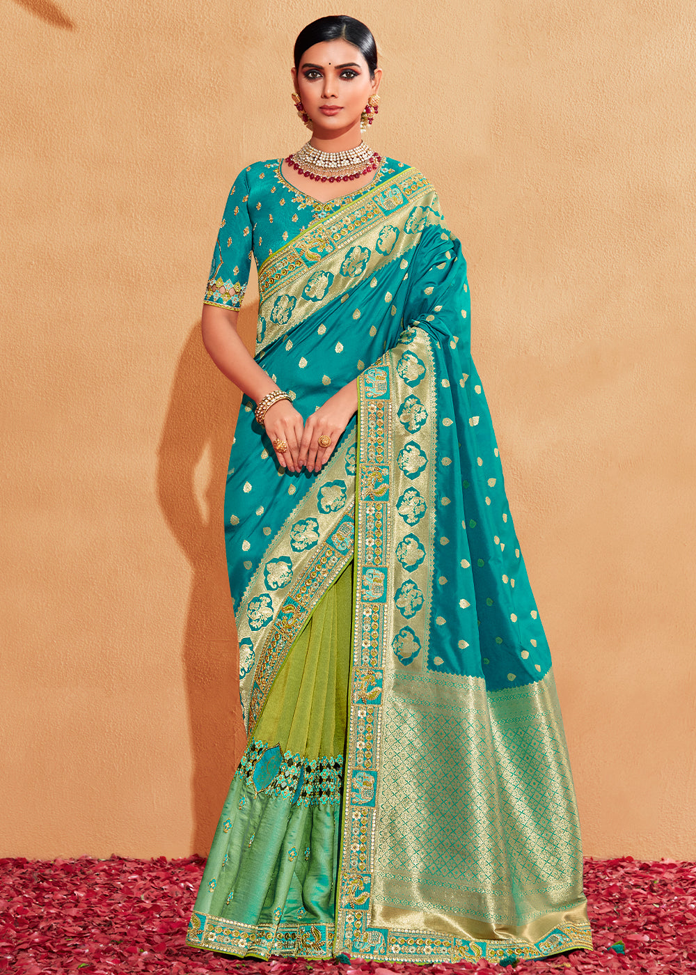 Buy MySilkLove Persian Green and Blue Embroidered Banarasi Silk Saree Online