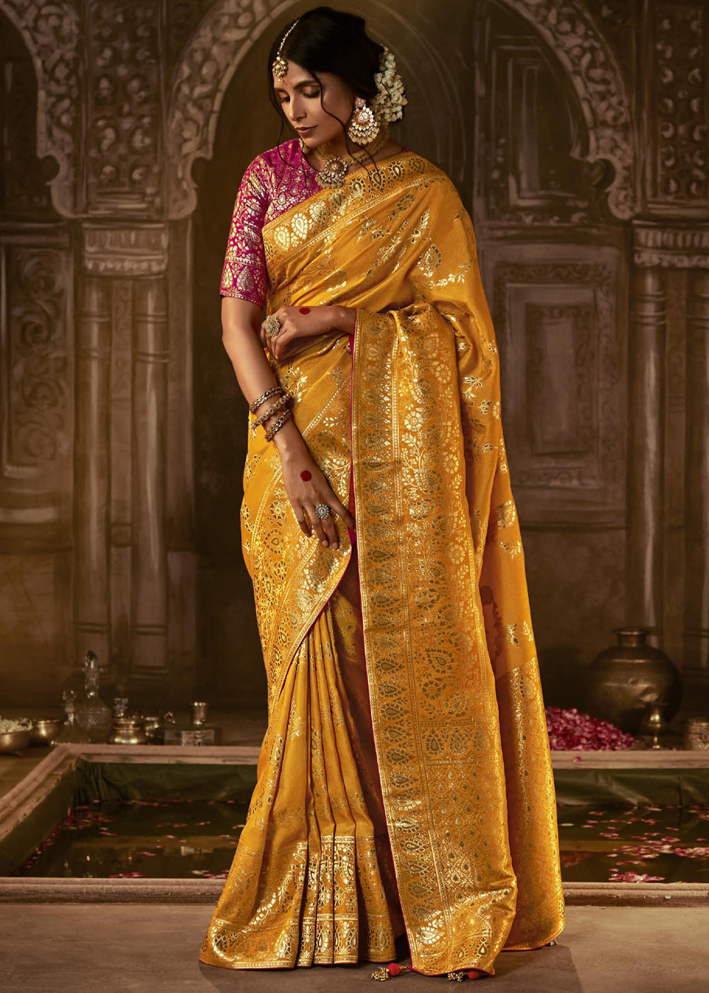 Buy MySilkLove Reno Sand Yellow Woven Designer Banarasi Silk Saree Online