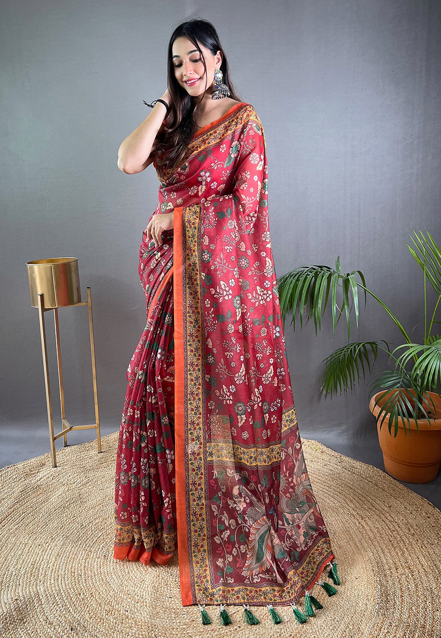 Buy MySilkLove Magenta Red Cotton Kalamkari Printed Saree Online