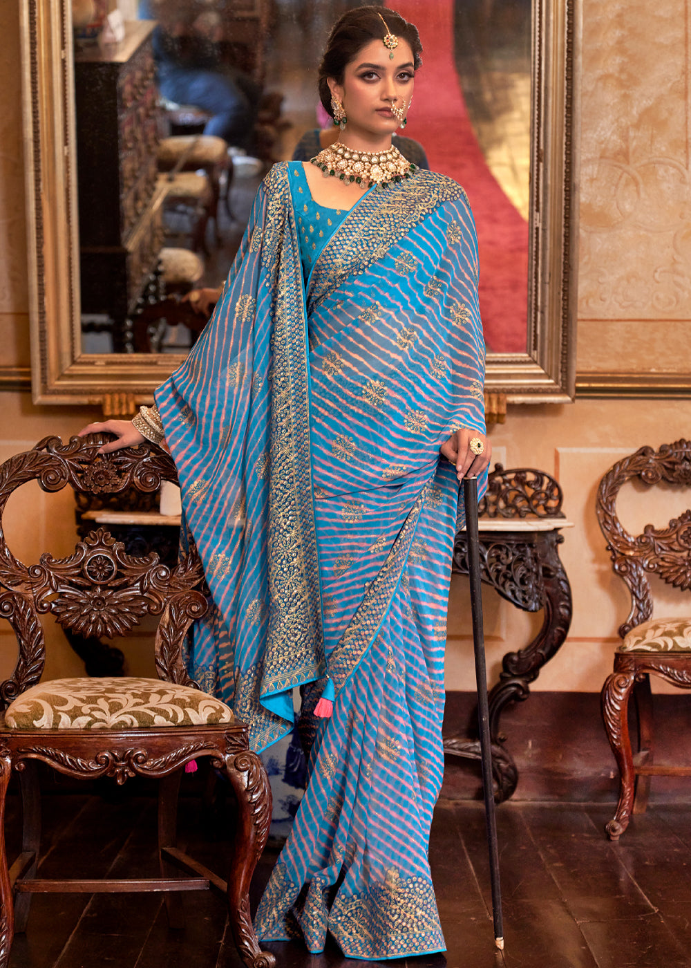 Buy MySilkLove Jelly Bean Blue Lehariya Georgette Silk Saree Online