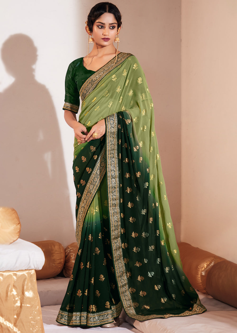 Buy MySilkLove Barley Corn Green Woven Georgette Silk Saree Online