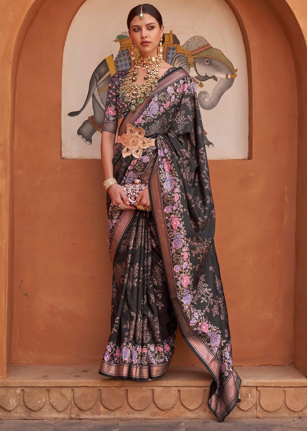 Buy MySilkLove Dune Black Soft Floral Printed Silk Saree Online