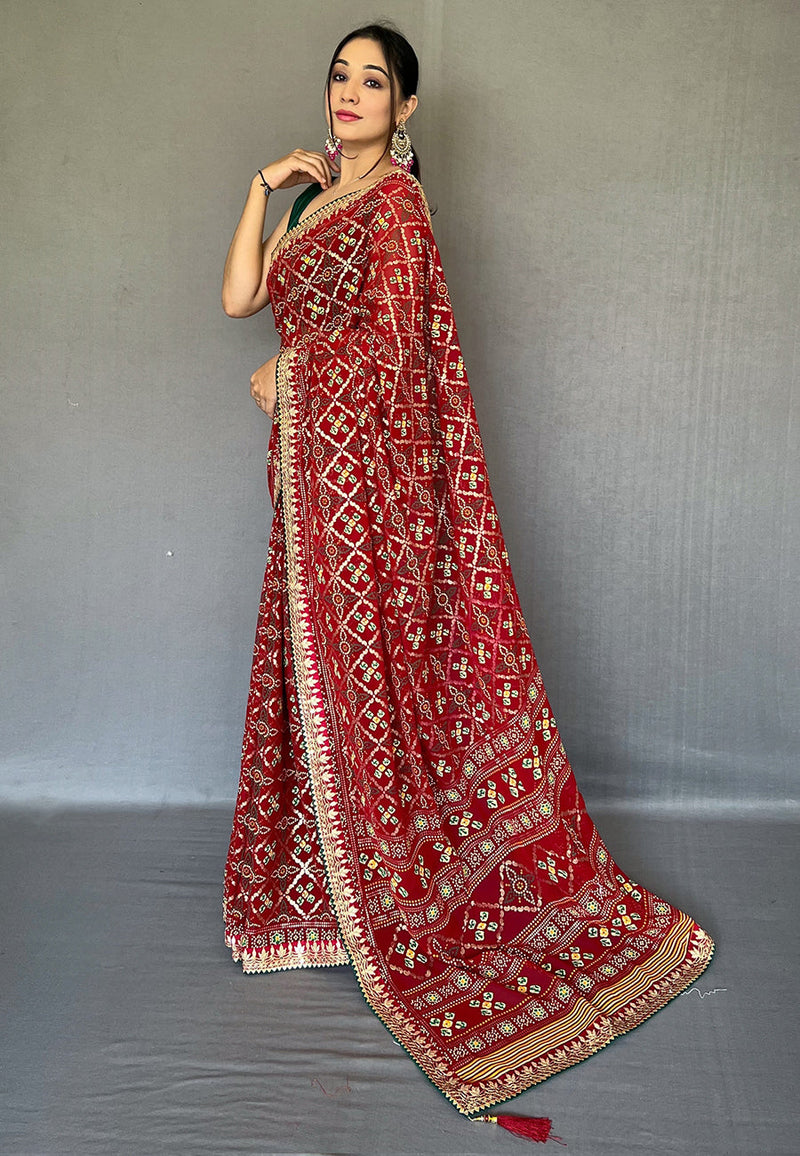 Copper Rust Maroon Embroidered Georgette Bandhani Saree