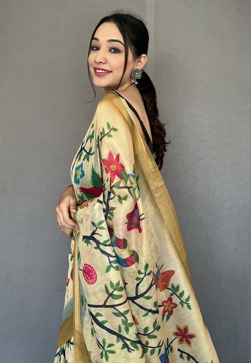 Banana Mania Cream Tissue Printed Kalamkari Silk Saree