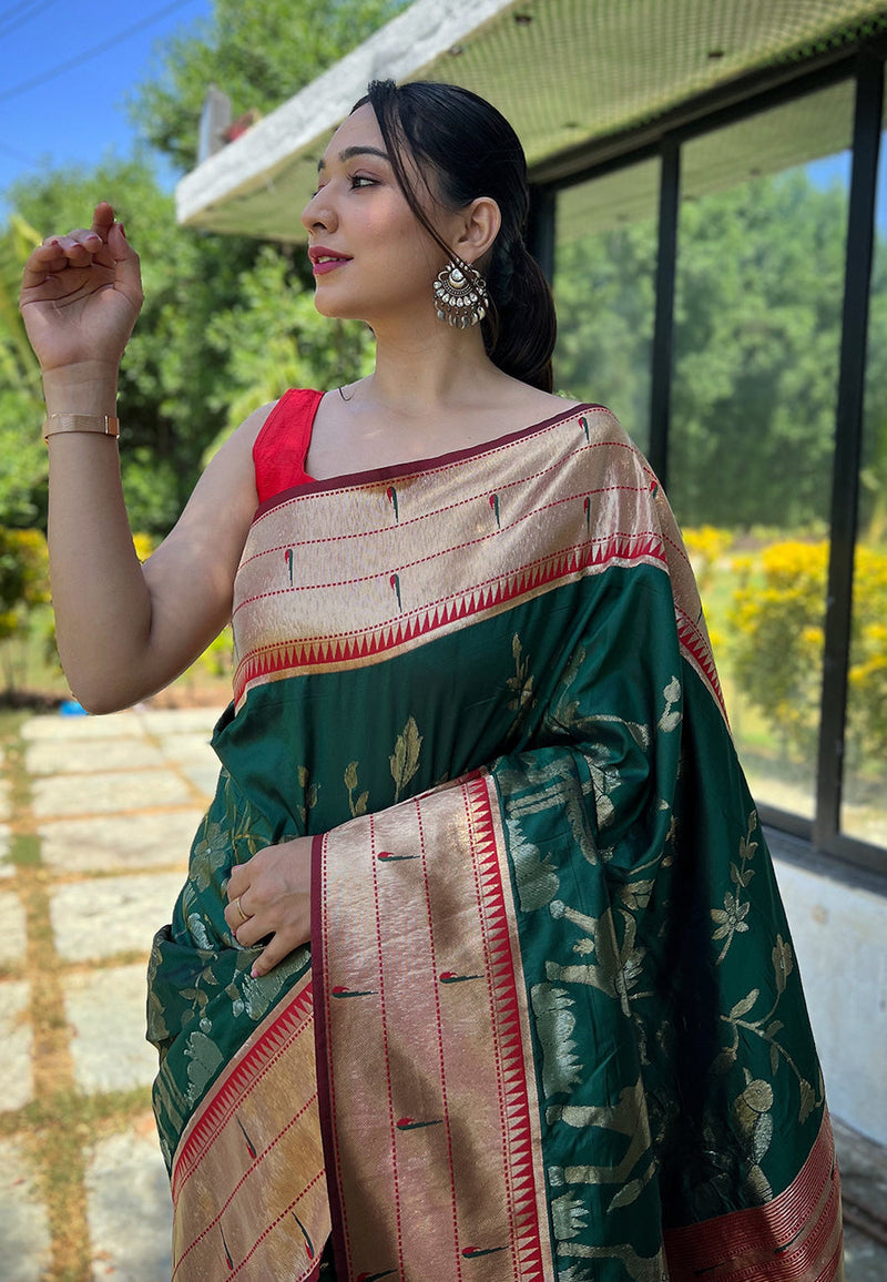 Felicitous Dark Green Paithani Silk Saree With Imaginative Blouse Piec –  LajreeDesigner