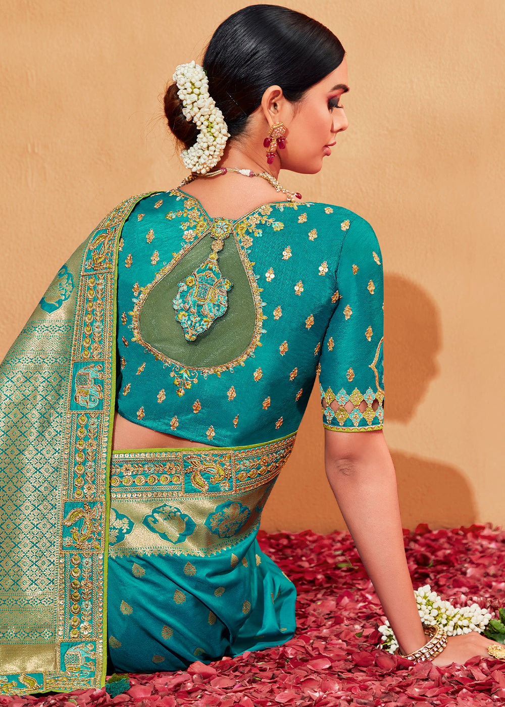 MySilkLove Persian Green and Blue Embroidered Banarasi Silk Saree