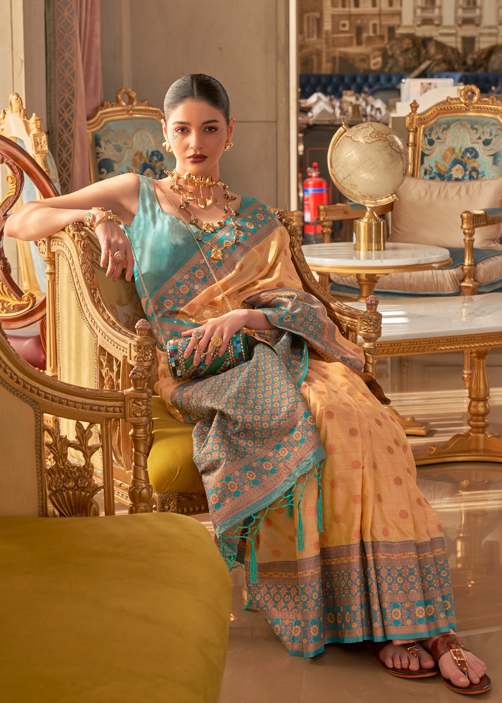 Buy MySilkLove Manhattan Peach and Green Bronze Zari Woven Soft Silk Saree Online