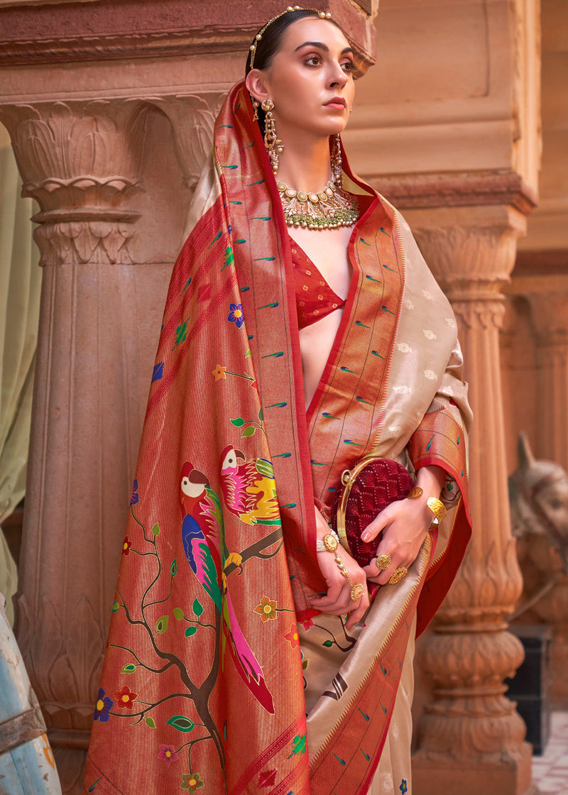 Sepia Brown and Red Woven Paithani Silk Saree