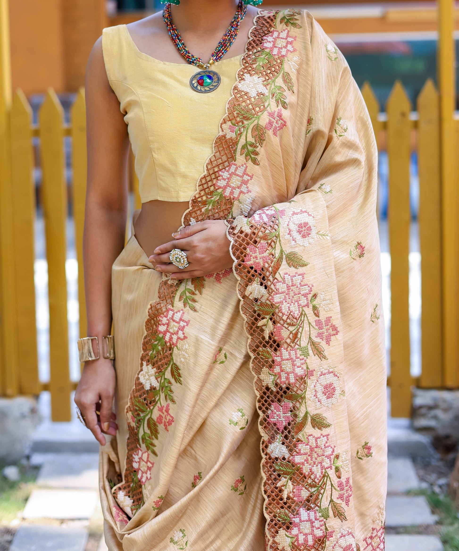 MySilkLove Sorrell Cream Embroidered Tussar Silk Saree