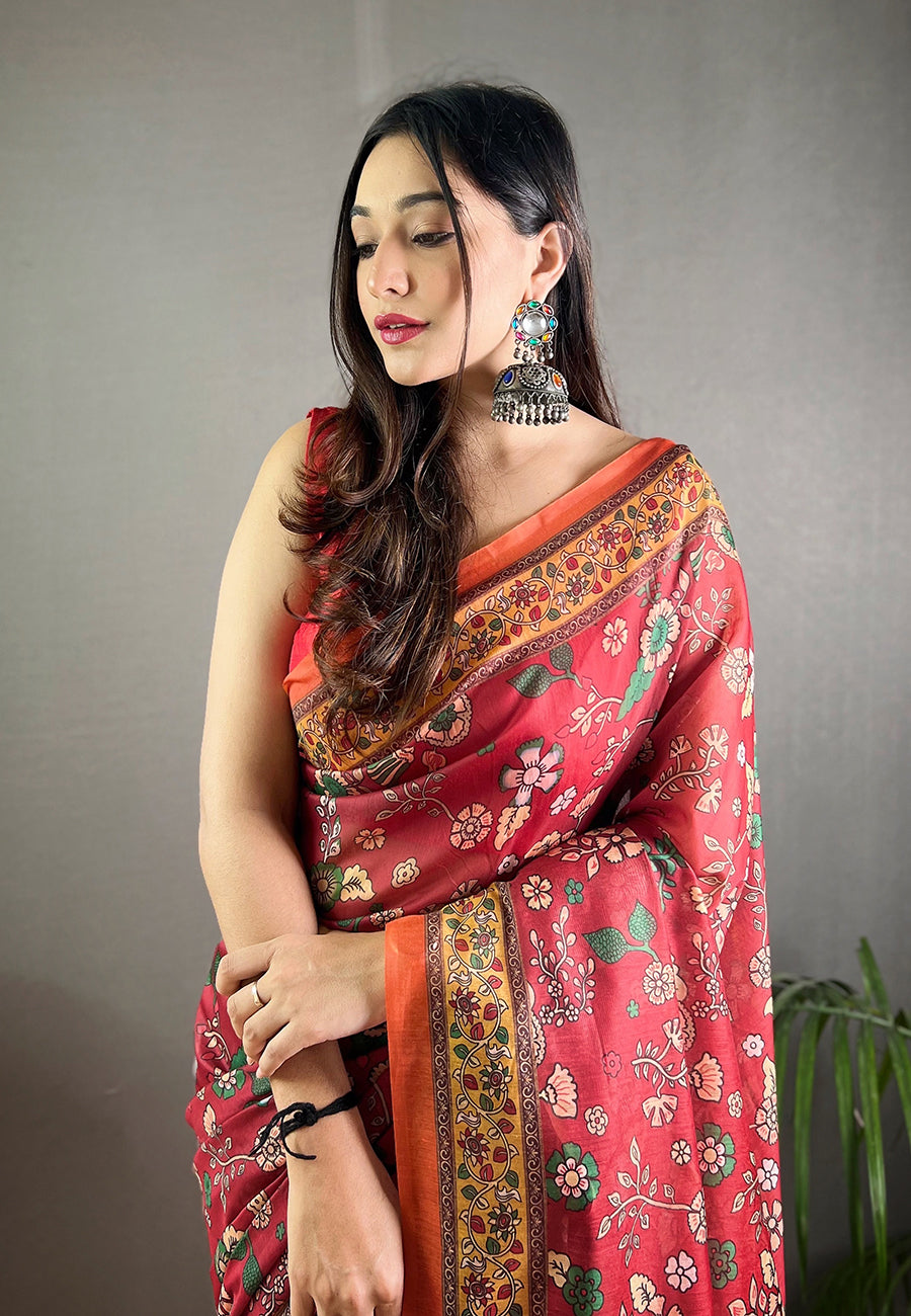 MySilkLove Magenta Red Cotton Kalamkari Printed Saree