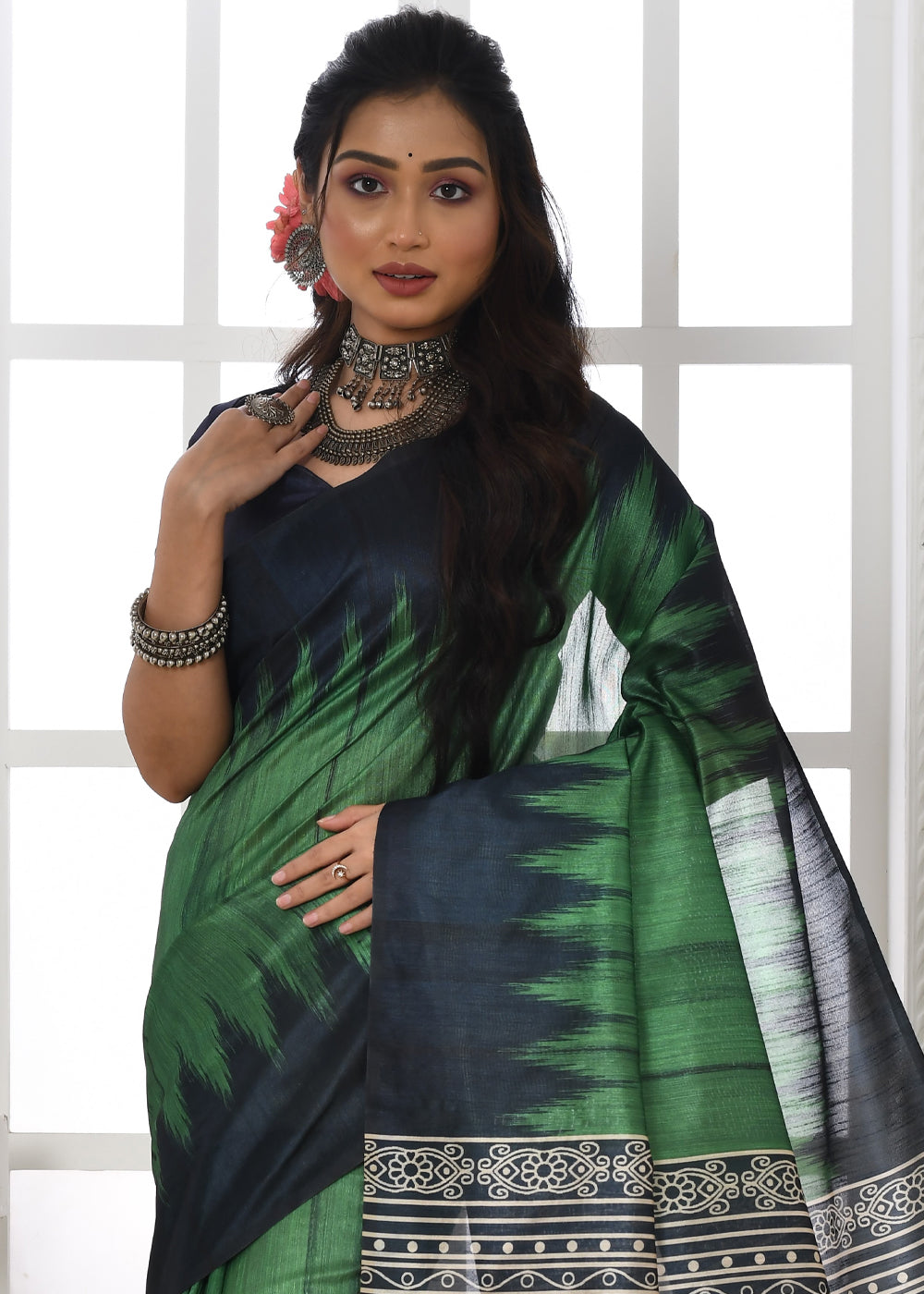 Buy MySilkLove Axolotl Green Woven Tussar Ikkat Silk Saree Online