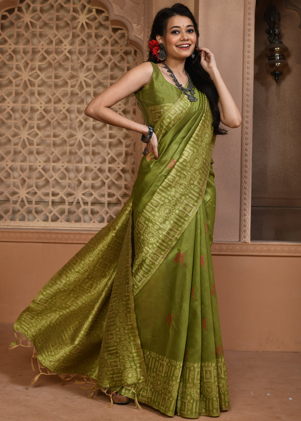 Buy MySilkLove Crete Green Woven Textured Cotton Silk Saree Online