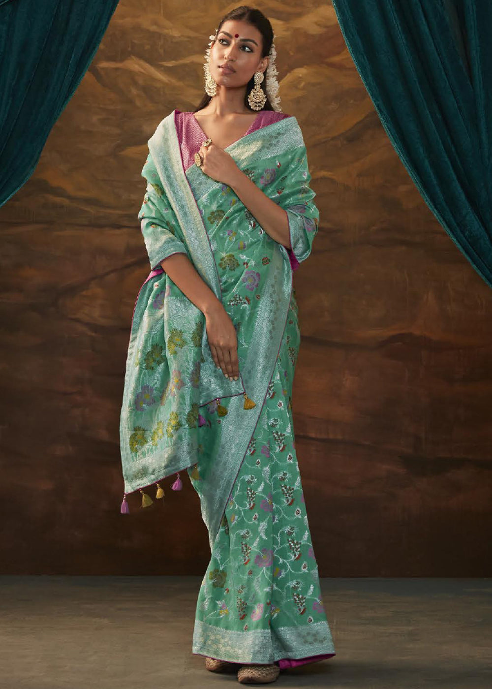 Buy MySilkLove Viridian Green Woven Paithani Banarasi Soft Silk Saree Online