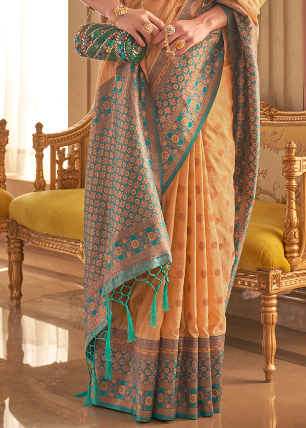 Buy MySilkLove Manhattan Peach and Green Bronze Zari Woven Soft Silk Saree Online