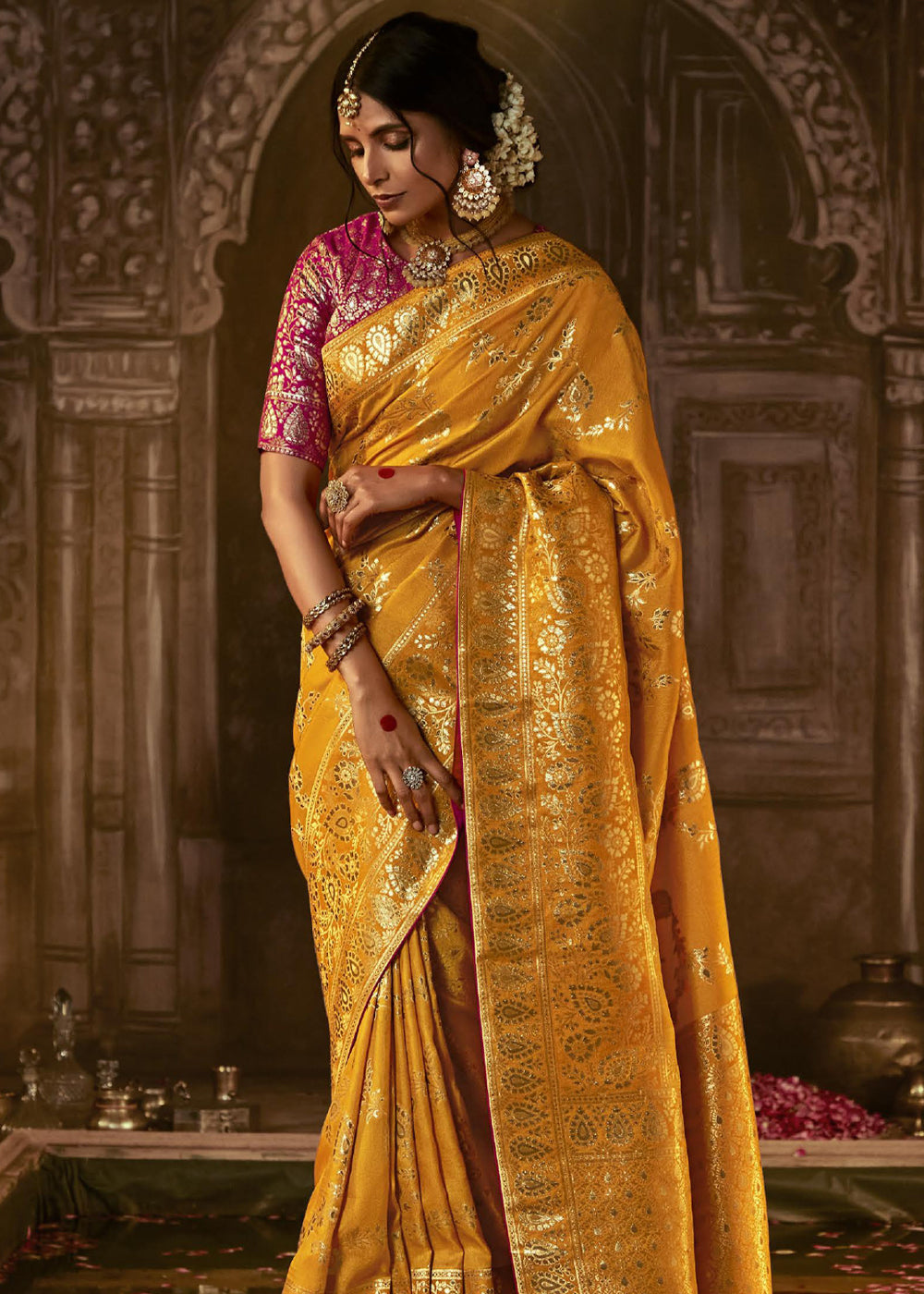 Buy MySilkLove Reno Sand Yellow Woven Designer Banarasi Silk Saree Online