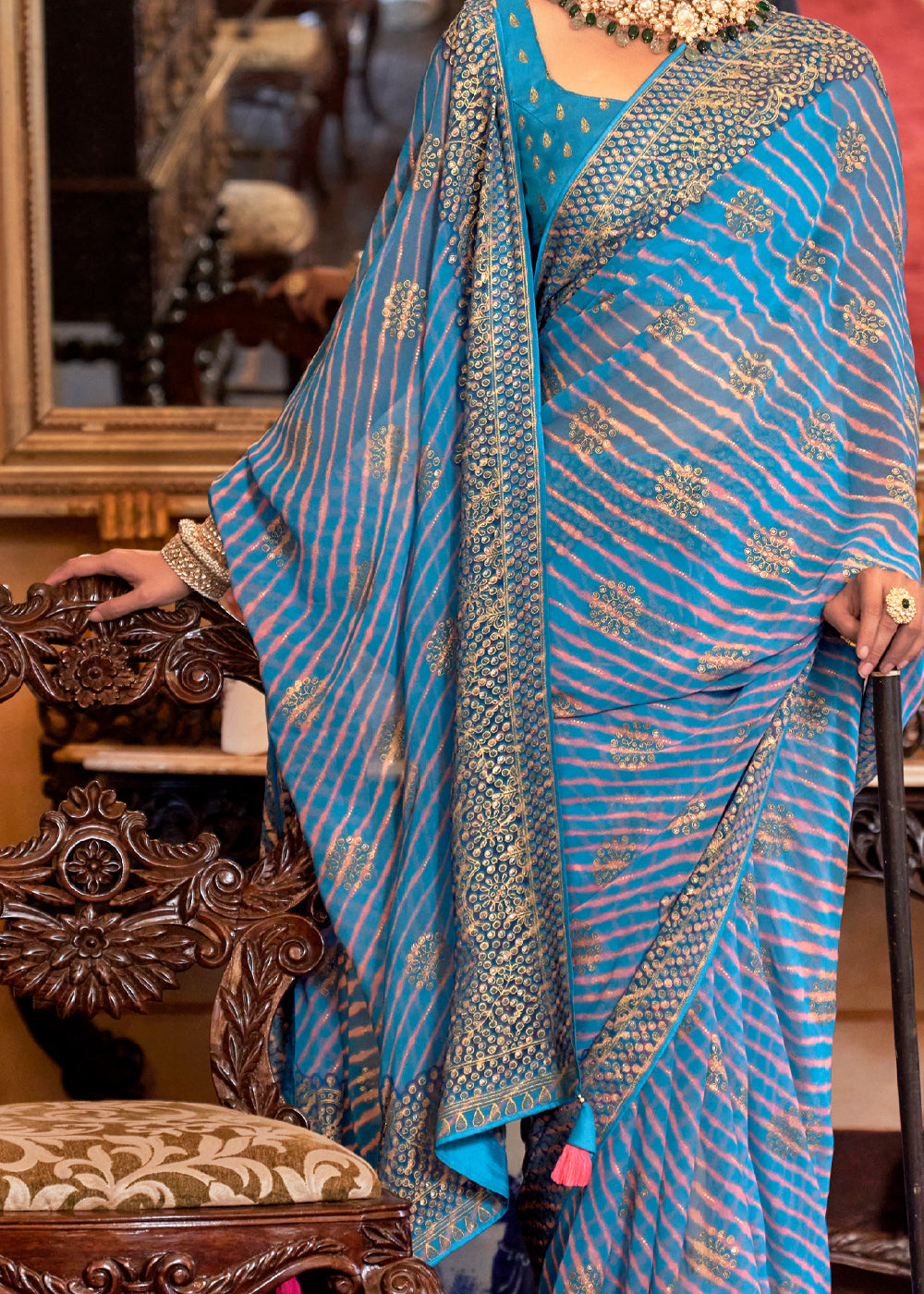 Buy MySilkLove Jelly Bean Blue Lehariya Georgette Silk Saree Online