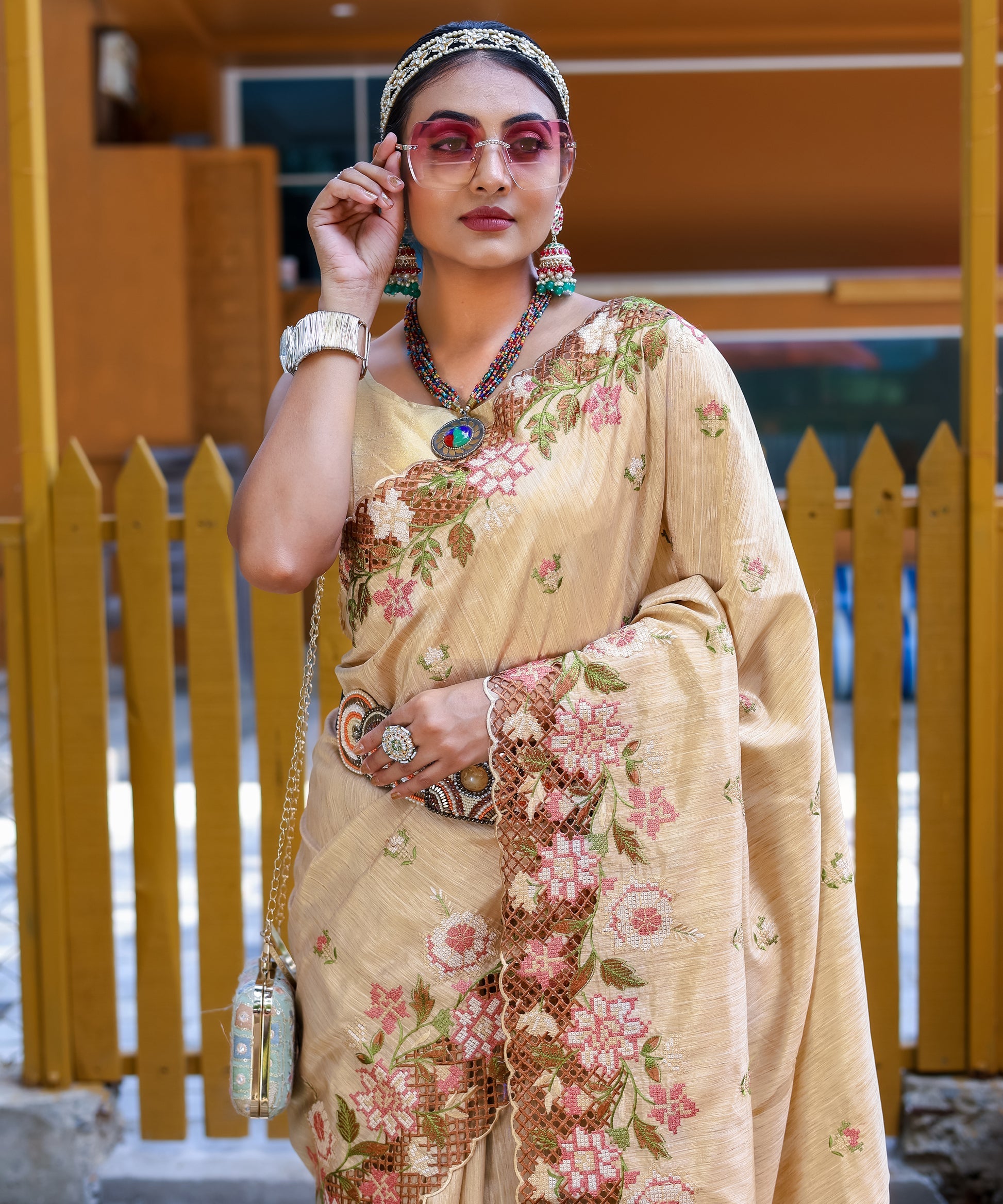 Buy MySilkLove Sorrell Cream Embroidered Tussar Silk Saree Online