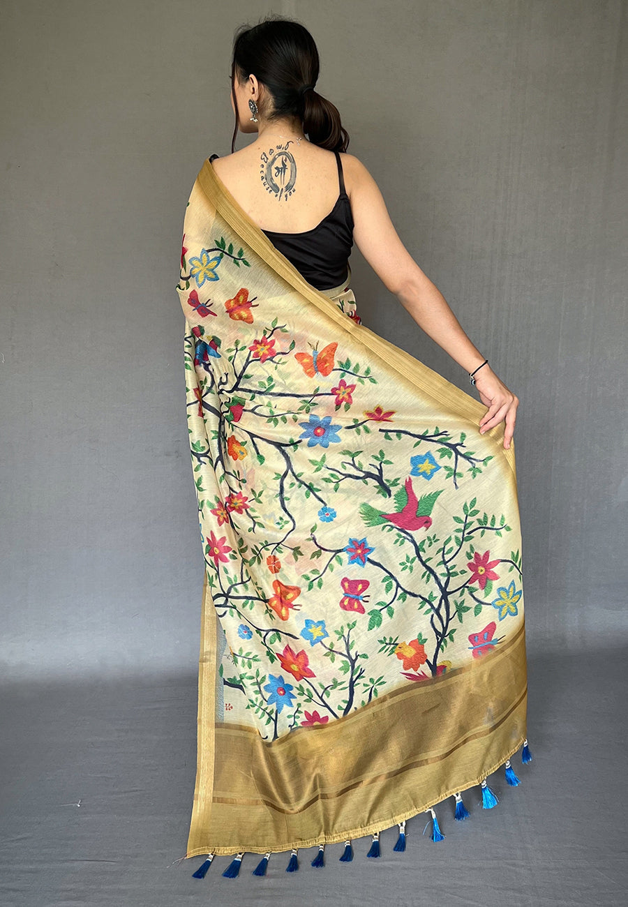 Buy MySilkLove Banana Mania Cream Tissue Printed Kalamkari Silk Saree Online