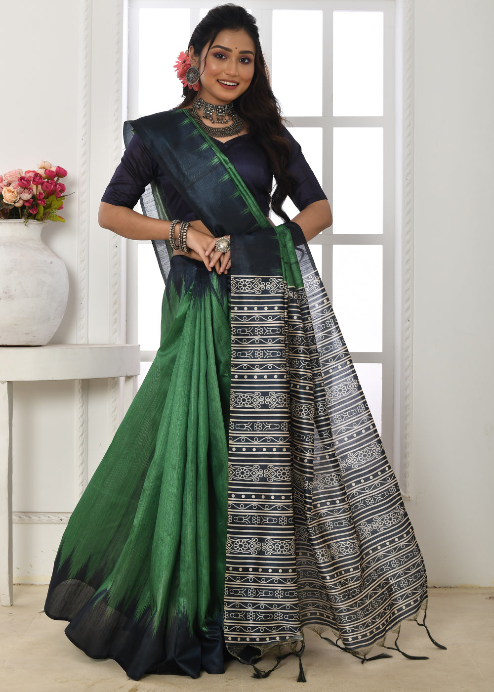 MySilkLove Axolotl Green Woven Tussar Ikkat Silk Saree