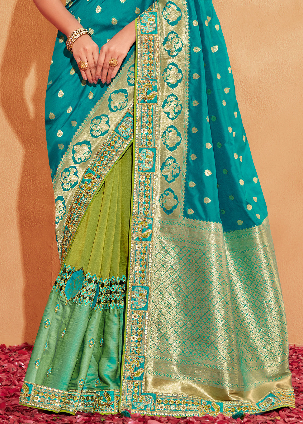 Buy MySilkLove Persian Green and Blue Embroidered Banarasi Silk Saree Online