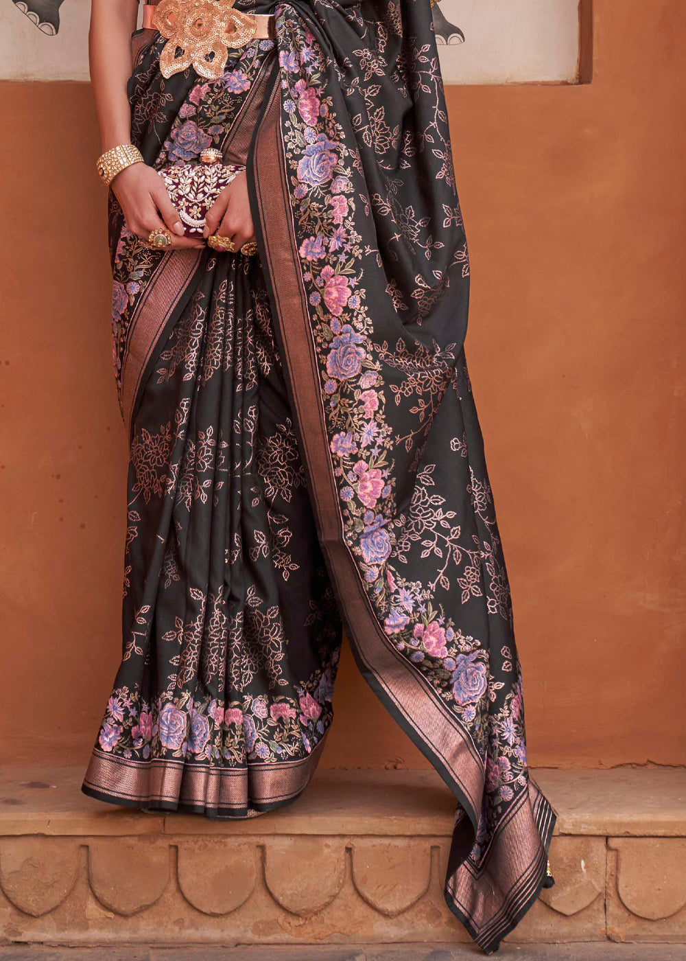 Buy MySilkLove Dune Black Soft Floral Printed Silk Saree Online