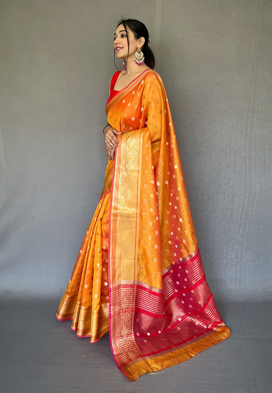 Buy MySilkLove Crusta Orange Zari Woven Organza Silk Saree Online