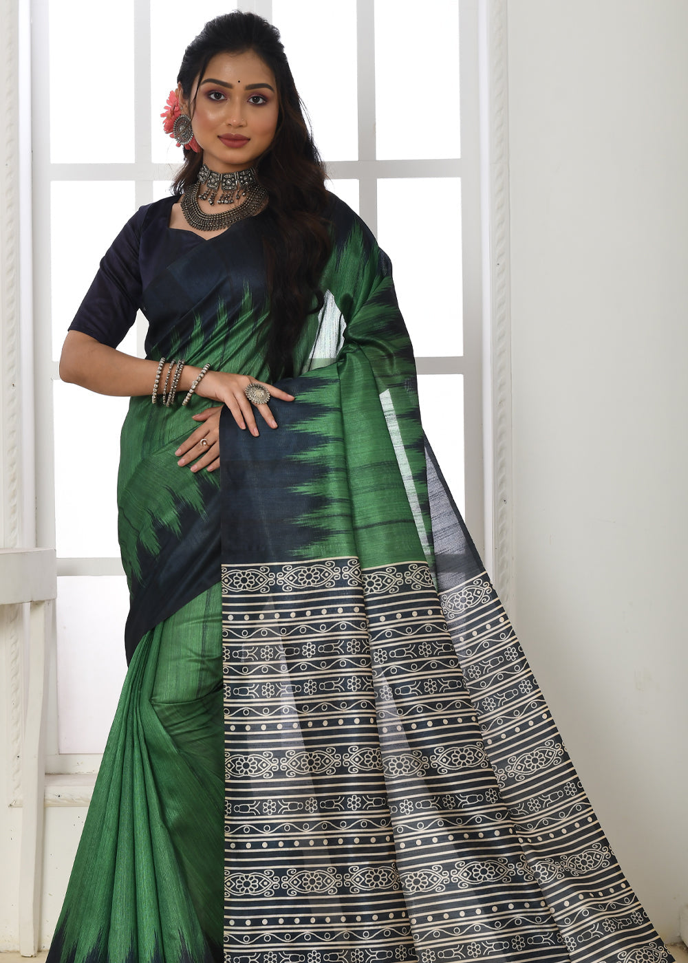 Buy MySilkLove Axolotl Green Woven Tussar Ikkat Silk Saree Online