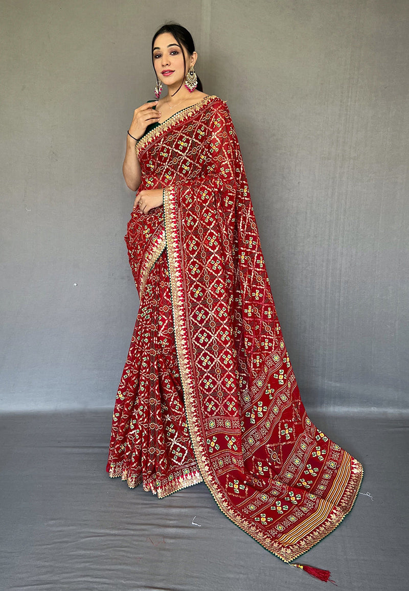 Copper Rust Maroon Embroidered Georgette Bandhani Saree