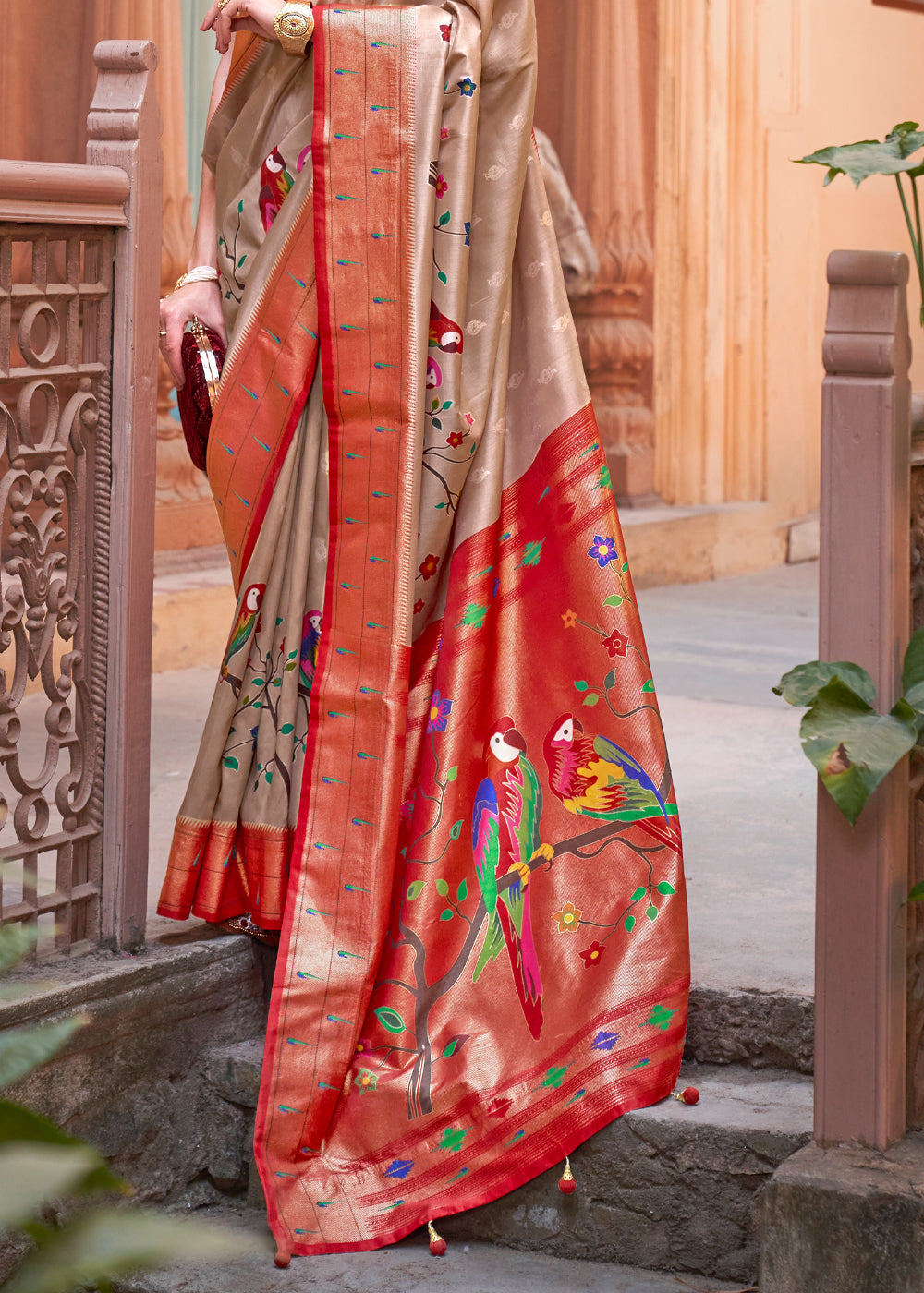 Buy MySilkLove Sepia Brown and Red Woven Paithani Silk Saree Online