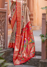 Sepia Brown and Red Woven Paithani Silk Saree