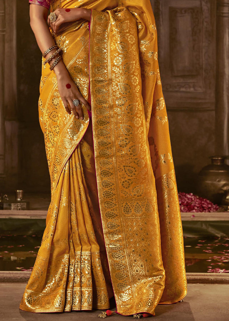 BNPC2201001 Siazloom Chiffon Handwoven Lemon Yellow Banarasi saree with  Golden Motifs. - Siaz Loom