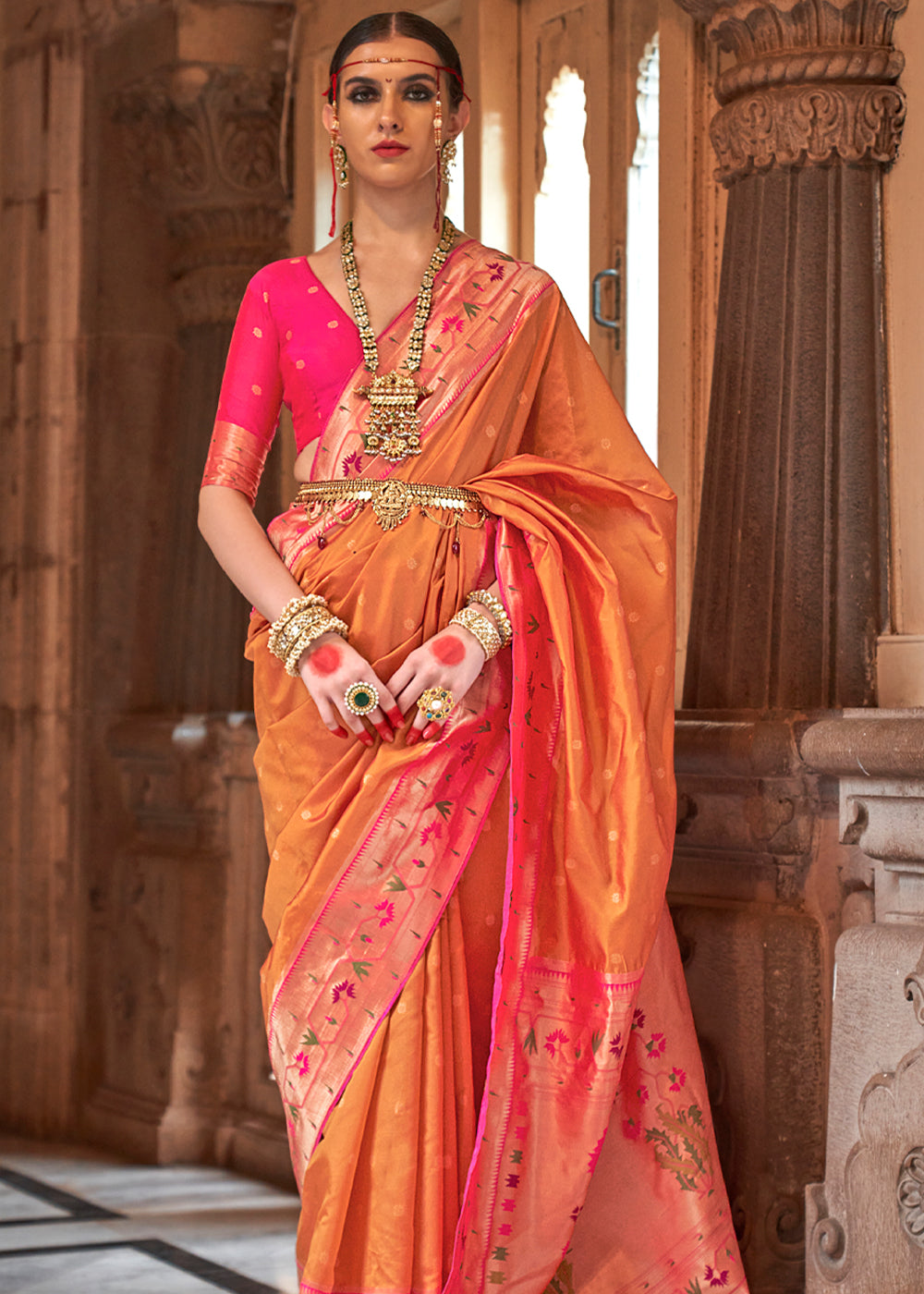 Buy MySilkLove Mandarin Pearl Orange Woven Paithani Silk Saree Online