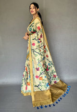 Banana Mania Cream Tissue Printed Kalamkari Silk Saree