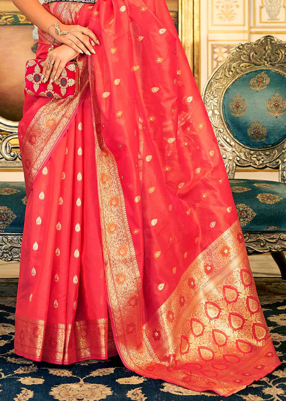 Buy MySilkLove Dimond Red Woven Banarasi Organza Silk Saree Online