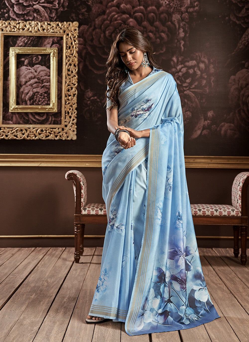 Buy MySilkLove Glacier Blue Handloom Silk Digital Printed Saree Online