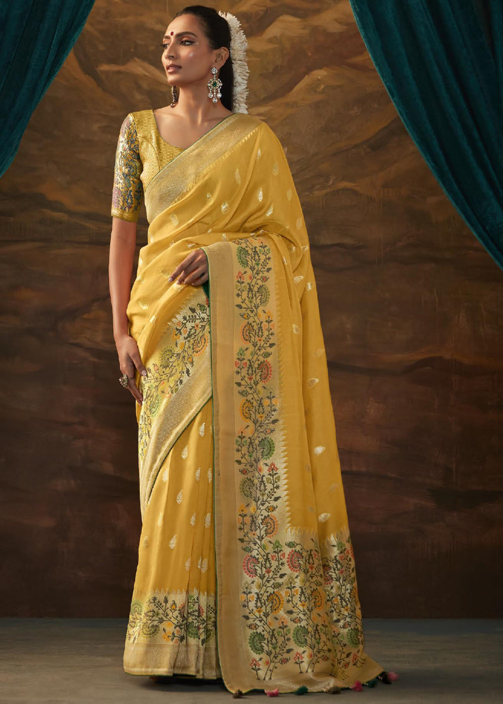 Buy MySilkLove Apache Yellow Woven Paithani Banarasi Soft Silk Saree Online