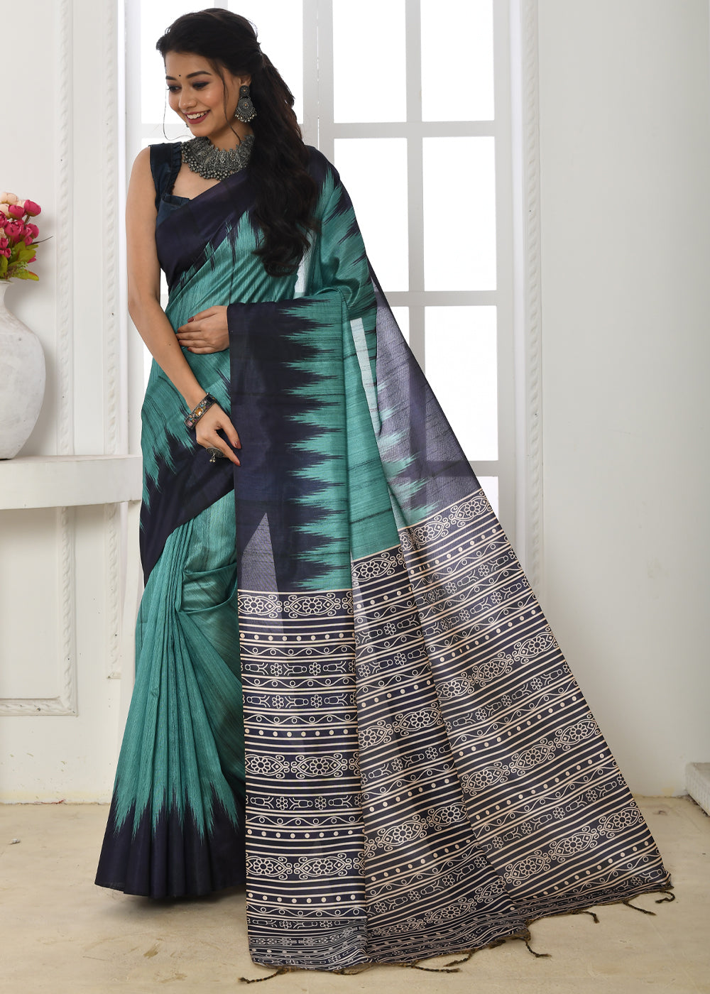 Buy MySilkLove Patina Blue Woven Tussar Ikkat Silk Saree Online