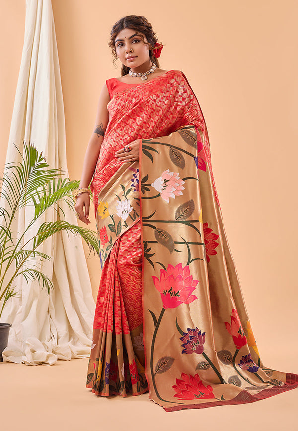 Jasper Red Fulrani Woven Paithani Saree