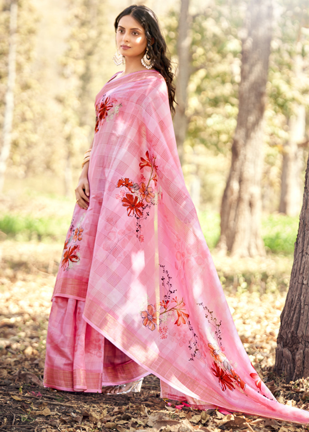 Buy MySilkLove Sea Pink Floral Printed Cotton Silk Saree Online