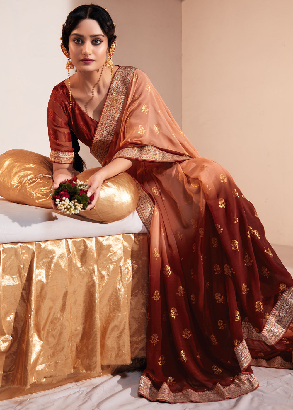 Buy MySilkLove Tonys Peach Woven Georgette Silk Saree Online